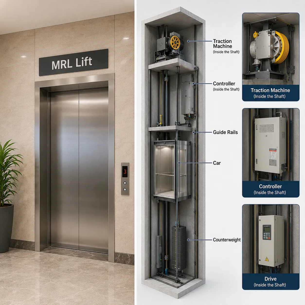 Machine roomless elevator controller